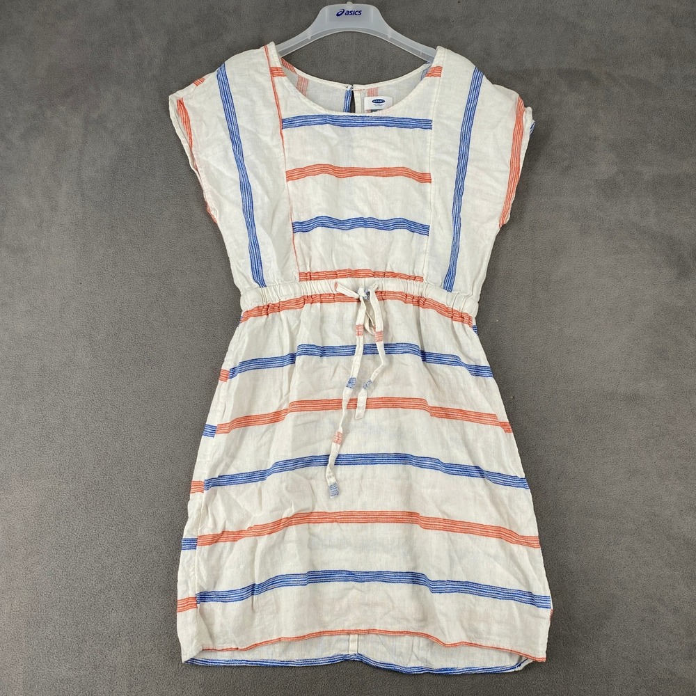 Old Navy Womens Small White Blue Orange Striped Linen Blend Drawstring Dress